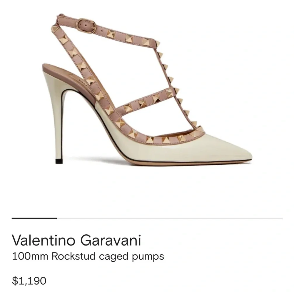 Valentino Two-Tone Rockstud T-Strap Pointed Pumps in Ivory and Nude - Picture 6 of 9
